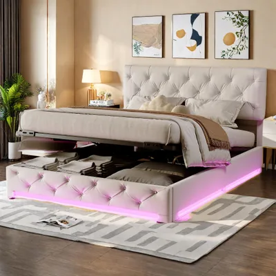 Image de ProximaX lit rembourré avec LED, lit boxspring hydraulique 160x200cm avec sommier à lattes et espace de rangement, lit double en bois lit adolescent, lin, beige