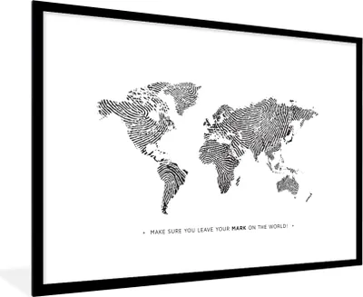 Produktbild von MuchoWow® Gerahmtes Poster Weltkarte - Zitat - Fingerabdruck - Kind - Jungen - Mädchen 90x60 cm - Poster mit Schwarzem Bilderrahmen Wandposter Rahmen Foto Bilder - Wanddekoration - Fotos