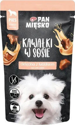 Productafbeelding van PAN MIĘSKO Vleesstukjes in saus. Kalfs- en konijnenvlees - natvoer voor honden - 150g