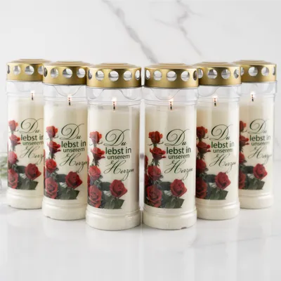 Produktbild von HOFER Grabkerzen 7 Tage Brenndauer mit Motiv & Spruch - 6 Stück - [Rose] - Regenfest - Trauerkerzen mit Deckel - Grablicht - Grabdeko, Grabschmuck