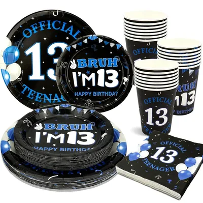 Immagine prodotto di Set di stoviglie da 100 pezzi, colore blu, ideale per una festa di 13 anni, completo di piatti e tazze