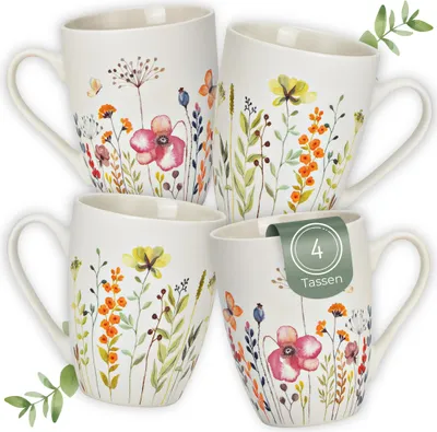 Produktbild von Kaffeetassen Blumen Dekor, 4er Set Kaffeetasse Weiß