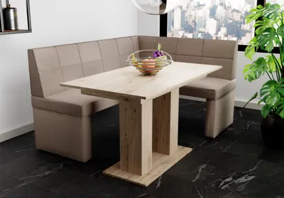 Productafbeelding van Eckbankset 168x128 cm BLAKE L, bekleding: stof Soro, kleur: taupe / Eettafel DANTE, afwerking: Sonoma