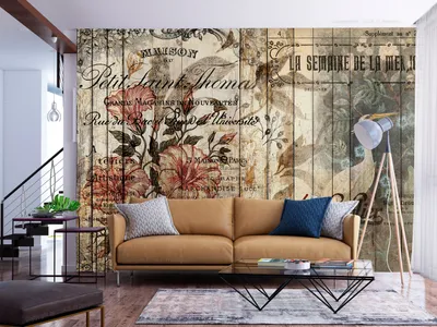 Produktbild von Vlies Fototapete Vintage 350x256 cm Tapeten Wandtapete XXL Holzoptik Retro Blumen Monstera Vogel n-A-1151-a-a
