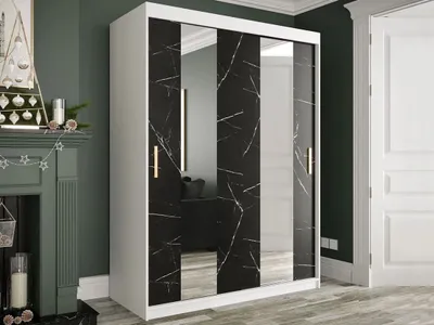 Obrázek produktu pro Šatní skříň 150 cm se zrcadlem CARSON 1 - černý mramor / bílá / zlatá