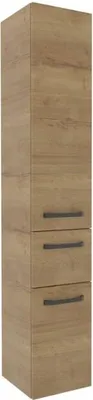 A tall, narrow cabinet with a wood-grain finish and three drawers with dark handles, shown against a white background.