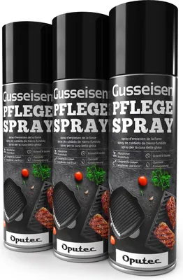Produktbild von Oputec 3 x 500ml Gusseisen-Pflegespray - Ideales Grillzubehör zum Schutz & der Pflege von Gussrosten, Pfannen, Töpfen, Dutch Oven, Grillrosten, Brätern aus Gusseisen - Cast Iron Antihaft-Schutzspray