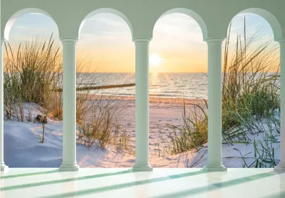 Produktbild von Vlies Fototapete 3D Effekt Strand (416x254cm - inklusive kleister) Terrasse Modern Natur Sonne Wohnzimmer Schlafzimmer Wandtapete Motivtapeten Tapete UV-Beständig Montagefertig
