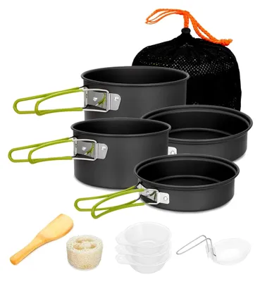 Produktbild von Camping Kochset Geschirr-Set für 1-2 Personen, mit tragbarem Aluminiumtopf, Teekessel, Tassen und faltbarem Besteck für Camping, Outdoor, Picknick und Wandern