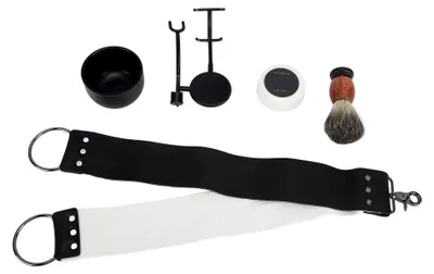 Produktbild von Rasierwerkzeugset für Bartpflege - Halter, Seifenschale, Schärfetuch und Bürste
