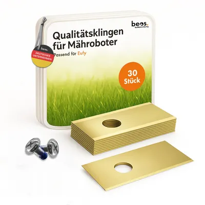 Produktbild von beos® 30x Premium Titan Ersatzmesser & Schrauben mit Sicherungslack - Ersatzklingen für Eufy & TerraMow