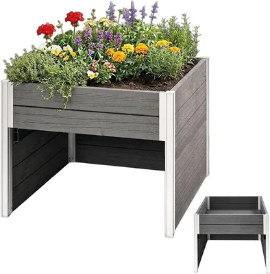 Productafbeelding van Verhoogde plantenbak met robotmaaieropslag, 2-in-1, houtlook, 73x79x56 cm. Garage voor robotmaaier, plantenbak, antracietkleur