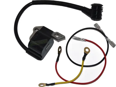 A set of ignition coils and wires for a chainsaw.