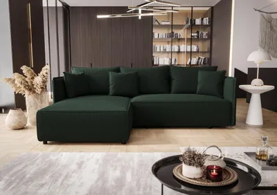 Image de Canapé d’angle MILANO gauche vert velours côtelé Poso 14 - fonction couchage, coffre de rangement pour la literie