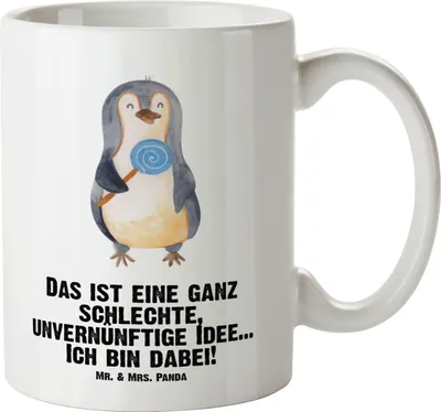 Produktbild von Mr. & Mrs. Panda Große Teetasse Pinguin Lolli - Weiß - Geschenk, Süßigkeiten, Unvernünftig, steingut tasse, Pott, Gauner, Spruch, jumbotasse, Riesentasse