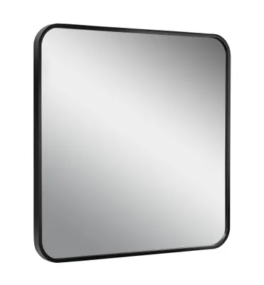 A square mirror with rounded corners and a black frame, presented against a white background.