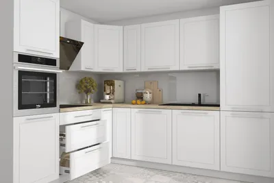 Image de Kit de cuisine en L KVANTUM 230 x 270 cm, façades en MDF blanc mat, tiroirs à extension totale REJS