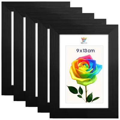 Produktbild von MG Design 5er Set Bilderrahmen Schwarz 9x13 cm - Echtholzrahmen mit Acrylglas, hoch/quer, zum Aufhängen & Aufstellen