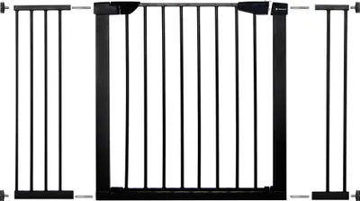 Image de Barrière de sécurité avec 2 extensions, noire, 75-124 cm Barrière de sécurité pour enfants avec système de tension Barrière de sécurité pour bébés