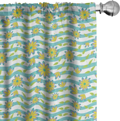 Produktbild von ABAKUHAUS Blumen Vorhänge, Gardinen, Nette Sommer-Blumen und Blätter auf gestreiften Hintergrund, 2 Stück 75 x 175 cm, Seafoam Senf