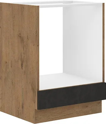 A kitchen cabinet base unit with a wood-effect finish and a black drawer front.