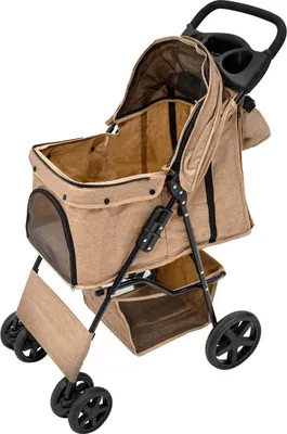 Obrázok produktu pre Prepravka pre domáce zvieratá s predným vreckom, odnímateľná, béžová tkanina, skladacie držadlo, nosnosť 15 kg, kolieska, brzdy, háčik na vodítko, vodítko, strieška, sieťované okienka, košík, držiak na nápoje, vrecká a nepremokavá ochrana proti dažďu