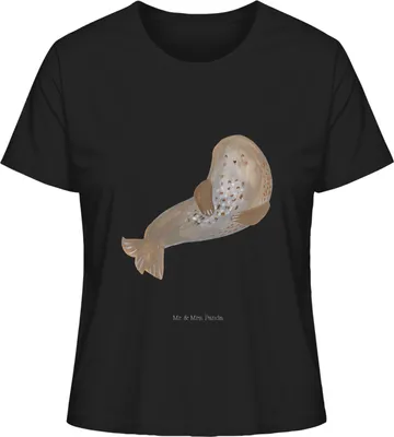 Produktbild von Mr. & Mrs. Panda Damen T-Shirt Kurzarm Robbe Lachen Größe L - Schwarz - Geschenk, Basic Shirt, Ostsee, Seehund, Oberteil, Baumwoll, Kurzarmshirt, Nordsee, Robben, Strand
