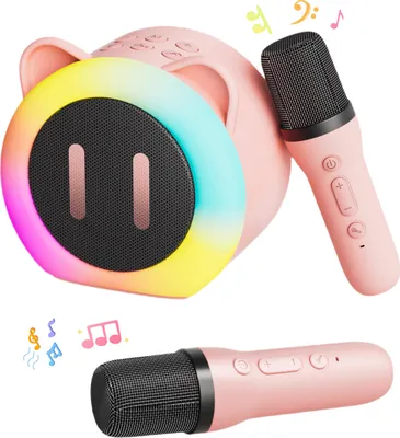 A pink karaoke machine with a microphone and colorful LED lights.