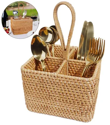 Produktbild von Besteckkorb Naturweide 4 Fächer – Mit Tragegriff Ø18cm | Vielseitig für Küche Büro Picknick Camping