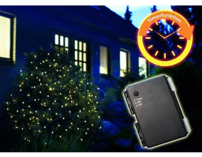Zdjęcie produktu dla Siatka świetlna LED na baterie 2x2 metry 200 ciepłobiałych diod LED, przewód zasilający 50 cm, do użytku na zewnątrz, z wyłącznikiem czasowym