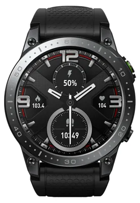 A close-up, front-facing view of a smartwatch with a black strap and a detailed watch face displaying various metrics.