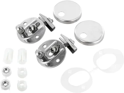 A set of toilet seat hinges and related hardware, including screws, nuts, and caps, laid out on a white background.