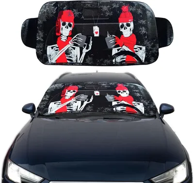 A car sunshade with a skeleton design is shown on a white background, and also installed on a car windshield.