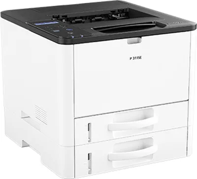A studio shot of a white and black Ricoh P 311SE laser printer with two paper drawers.