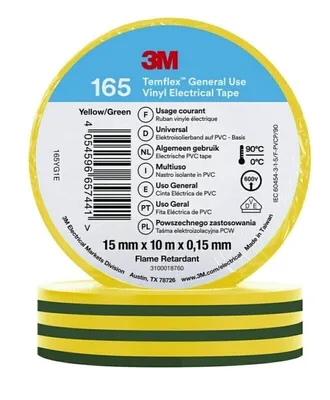 Obrázek produktu pro vinylová izolační páska 3M™ Temflex™ 165, zelenožlutá, 15 mm x 10 m | balení (1 role)