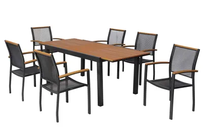 Obrázek produktu pro Sada zahradního nábytku Merxx Itanos, 7dílná, 6 stohovatelných křesel, rozkládací stůl 15 (200) x 90 cm – hliník/plast