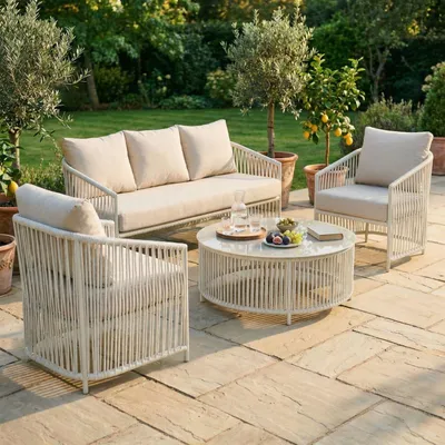 Produktbild von Outdoor Sofa Set KULO 4-teilig, weiß/beige – Lounge-Set aus Aluminium mit Rope-Bespannung, Couchtisch mit Glasplatte, inklusive 5 bequemer Kissen, wetterfest für Balkon Terrasse Garten