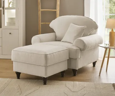 Produktbild von Sessel Set "Adelina" in beige Landhaus Loungesessel inklusive Hocker