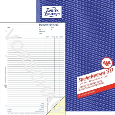 Produktbild von Formularbuch Stunden-Nachweis A4 selbstdurchschreibend 2x40 Blatt Packung mit 5 Stück