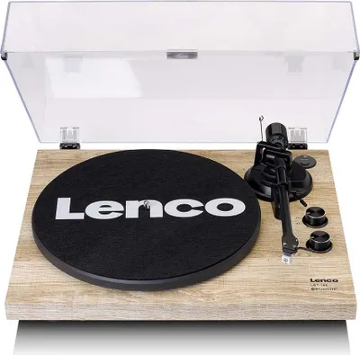 A Lenco LBT-188PI turntable with a clear dust cover.