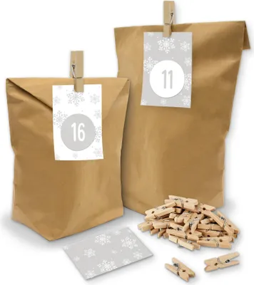Produktbild von itenga SET Adventskalender "Schneeflocken" 24 x Tüten + Karten + Klammern + Z35