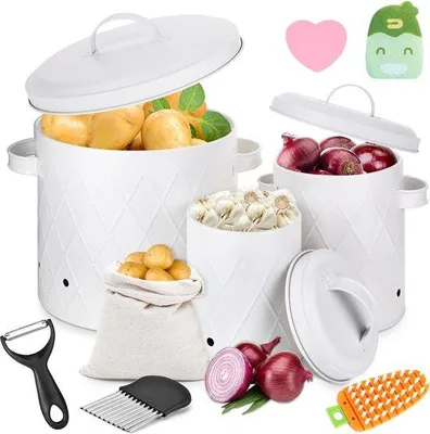 Produktbild von Famanu Kartoffelaufbewahrungsbox Set aus 3 - große Metallbehälter in Weiß