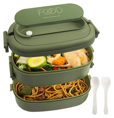 Produktbild von Lunchbox mit 2 Fächern – 1550 ml Lunchbox für Erwachsene – Lunchbox mit 3 Fächern und Besteck, BPA-frei, mikrowellen- und spülmaschinengeeignet, 19 x 12 x 12 cm, grün