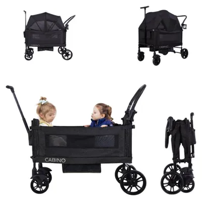 Produktbild von Cabino Bollerwagen Waggie Schwarz – faltbarer Handwagen für 2 Kinder mit Gurten, abnehmbarem Sonnendach, Tablett und Becherhalter, bis 50 kg
