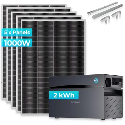 Produktbild von SUNSHARE Ray Lite 1000W + 2 kWh Kapazität Balkonkraftwerk-Komplettset Glory Stromspeicher & Halterung – Modular erweiterbares Solarsystem