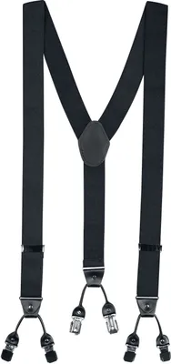 A pair of black suspenders on a white background.