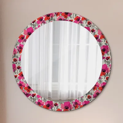 Produktbild von Wohnzimmer Spiegel - Badezimmerspiegel Wandspiegel zum Schlafzimmer – Schminkspiegel - Rosig Mohnblumen - Rund: Ø80cm