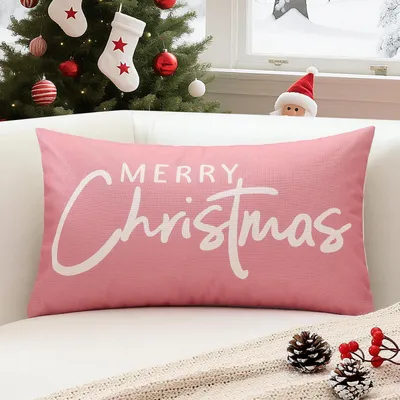 Obrázok produktu pre Vianočný obliečok na vankúš 40x60 cm, nápis "Merry Christmas", ružová farba, materiál: polyester a ľan, 1 kus