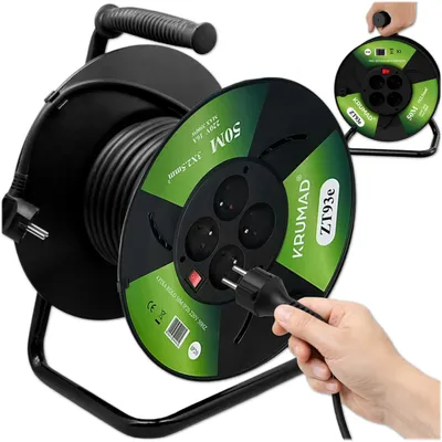 Immagine prodotto di Avvolgicavo KRUMAD da 50 m con 4 prese con messa a terra, 3500 W max, robusto e resistente alle intemperie per esterni, officine e cantieri, 3x25 mm², nero
