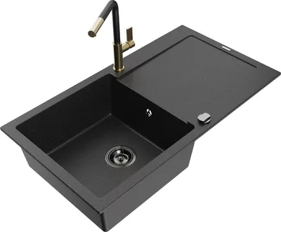 Produktbild von Mexen Leo 1 Becken-Granitspüle mit Abtropffläche und Mischbatterie Flora, Schwarz/Silbermetallic - 6501-73-670401-57-B